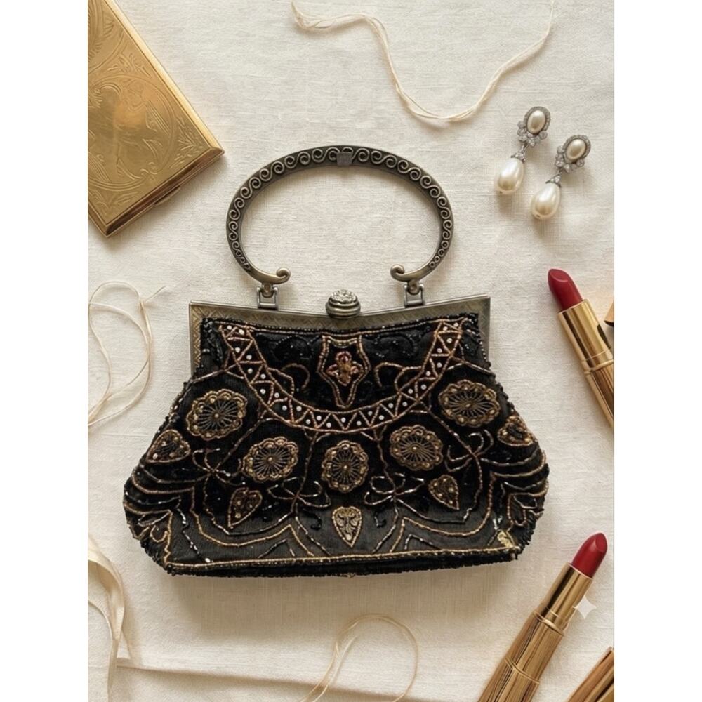 Vintage Beaded & Sequined Floral Evening Bag - Antique Gold Tone